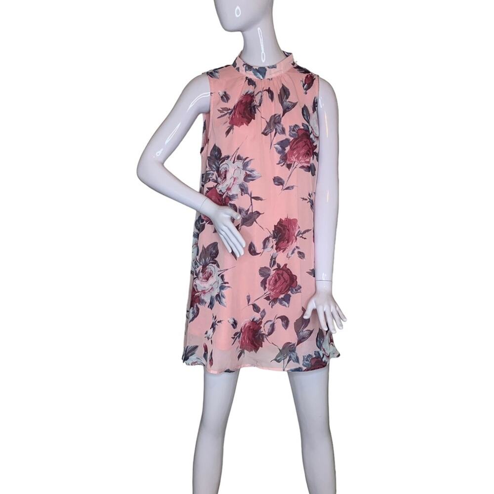 Jodifl Dress Sleeveless Roses Print Size M Pale Pink High Neck No Pockets